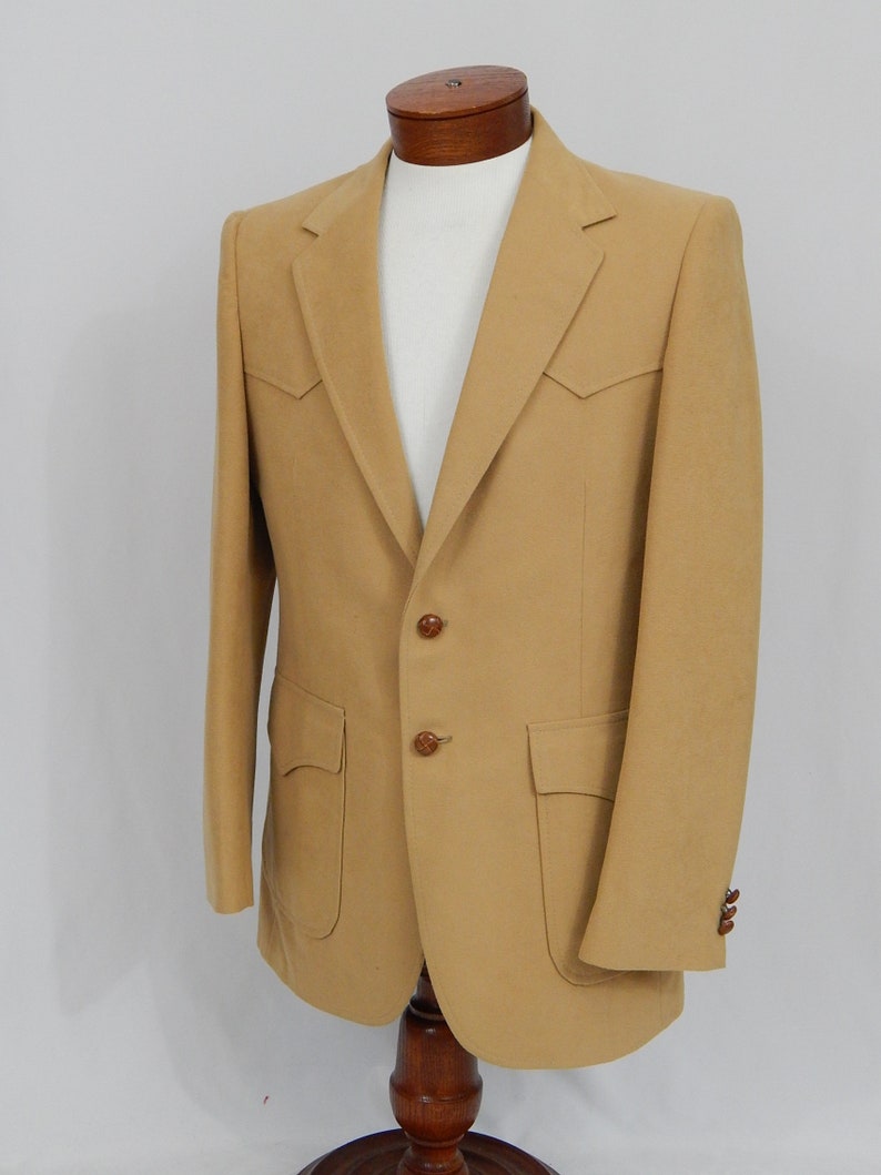 Vintage 80/'s Eighties Men/'s 42 Long Sport Coat Tan Ultra Suede Brown Leather Buttons Wrancher Western Wear Wrangler Made in USA