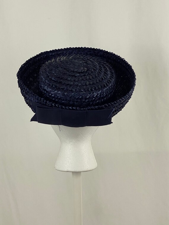 Blue Straw Rattan Breton Halo Hat Fifties Small 5… - image 5