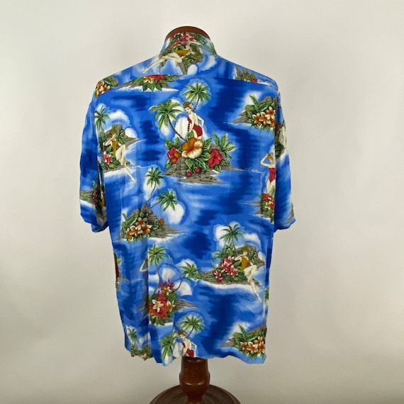 Blue Hawaiian Shirt XL Pinup Clouds Floral Print … - image 5