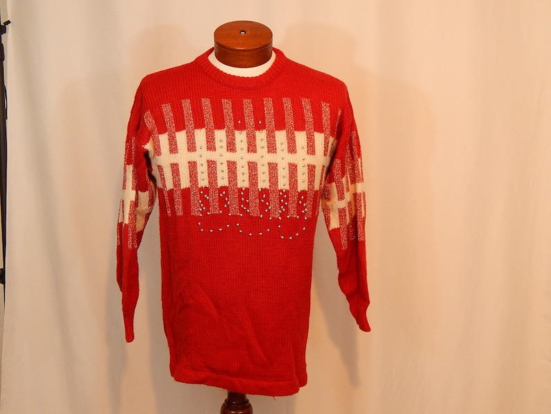 UGLY CHRISTMAS SWEATER Red White with Silver Bells Medium M Vanna White for R /& K Originals 90s Nineties