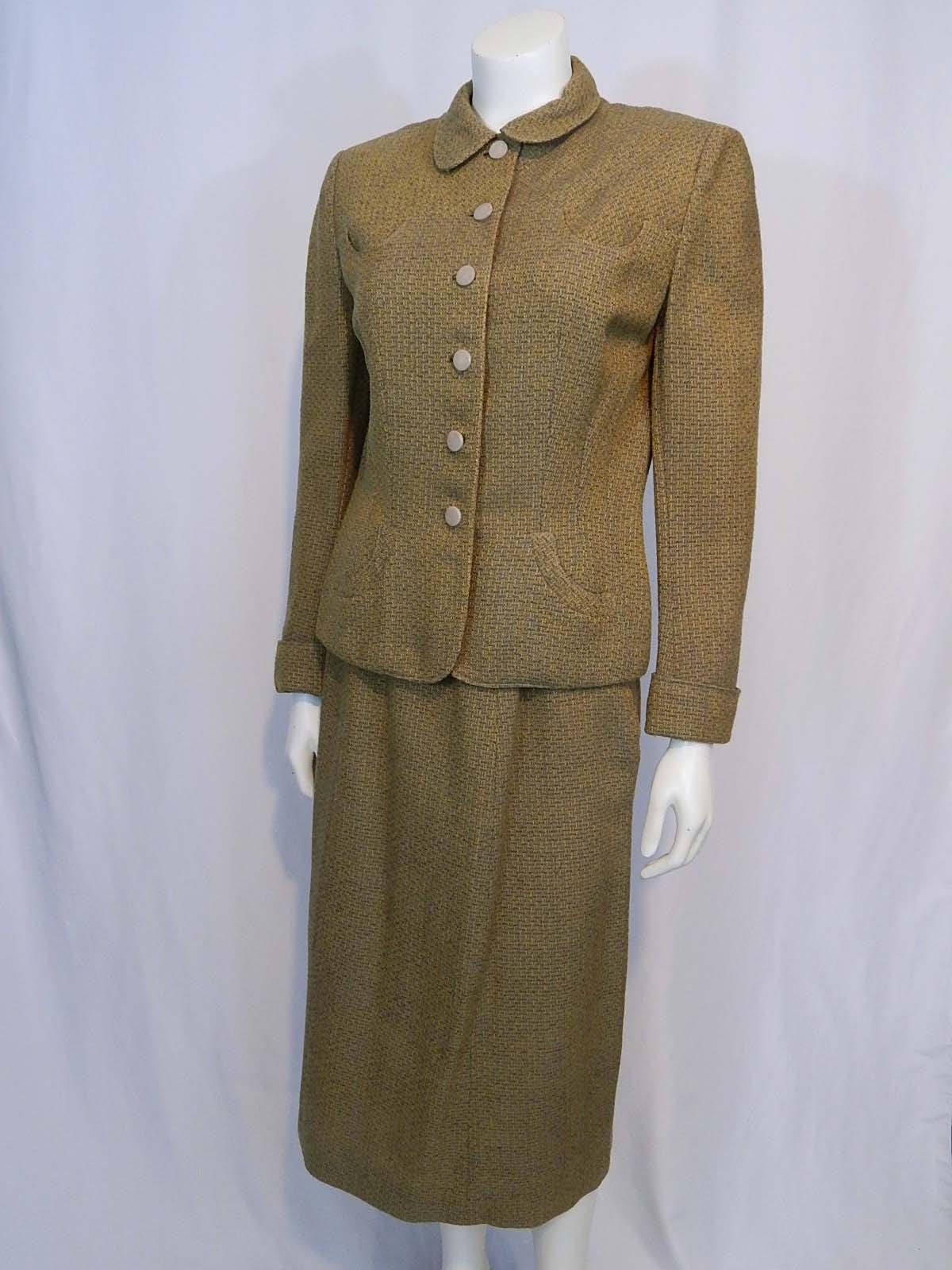 Vintage 50s Wool Skirt Suit: Peter Pan Collar Jacket, Pencil Skirt (Small)