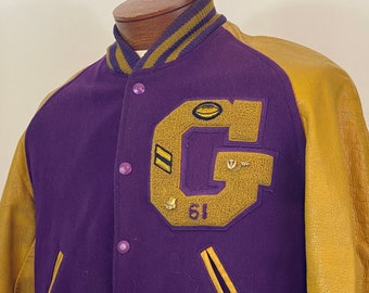 Purple Gold Letterman Varsity Jacket Large 60&#39;s Leather Wool Yellow Football Hatcher&#39;s Lynn Mass 1961 Letter G AS IS