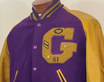 Purple Gold Letterman Varsity Jacket Large 60's Leather Wool Yellow Football Hatcher's Lynn Mass 1961 Letter G AS IS