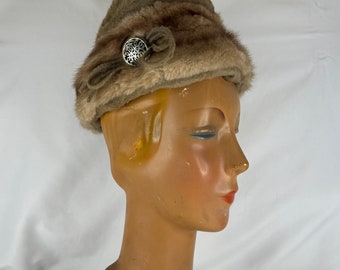 Faux Fur Mink Bucket Hat 60's Peach Basket Cloche Women's Hat Real and Faux Fur Robin New York Wrapped Crown