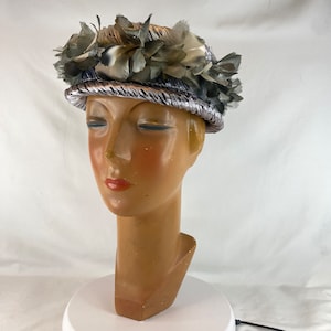 Silver Floral Crown Hat Straw 50&#39;s Gray Flower Crown Floral Women&#39;s Hat Garden Wedding Bridal