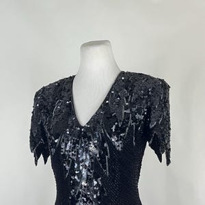 Black Beaded Dress Small Formal Open Back Black Tie Black Bugle Bead Sequin Short Sleeve 90&#39;s Show Stopper Pencil Dress Midi Dress