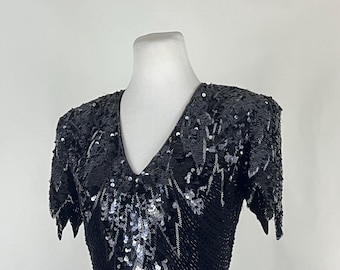 Black Beaded Dress Small Formal Open Back Black Tie Black Bugle Bead Sequin Short Sleeve 90's Show Stopper Pencil Dress Midi Dress