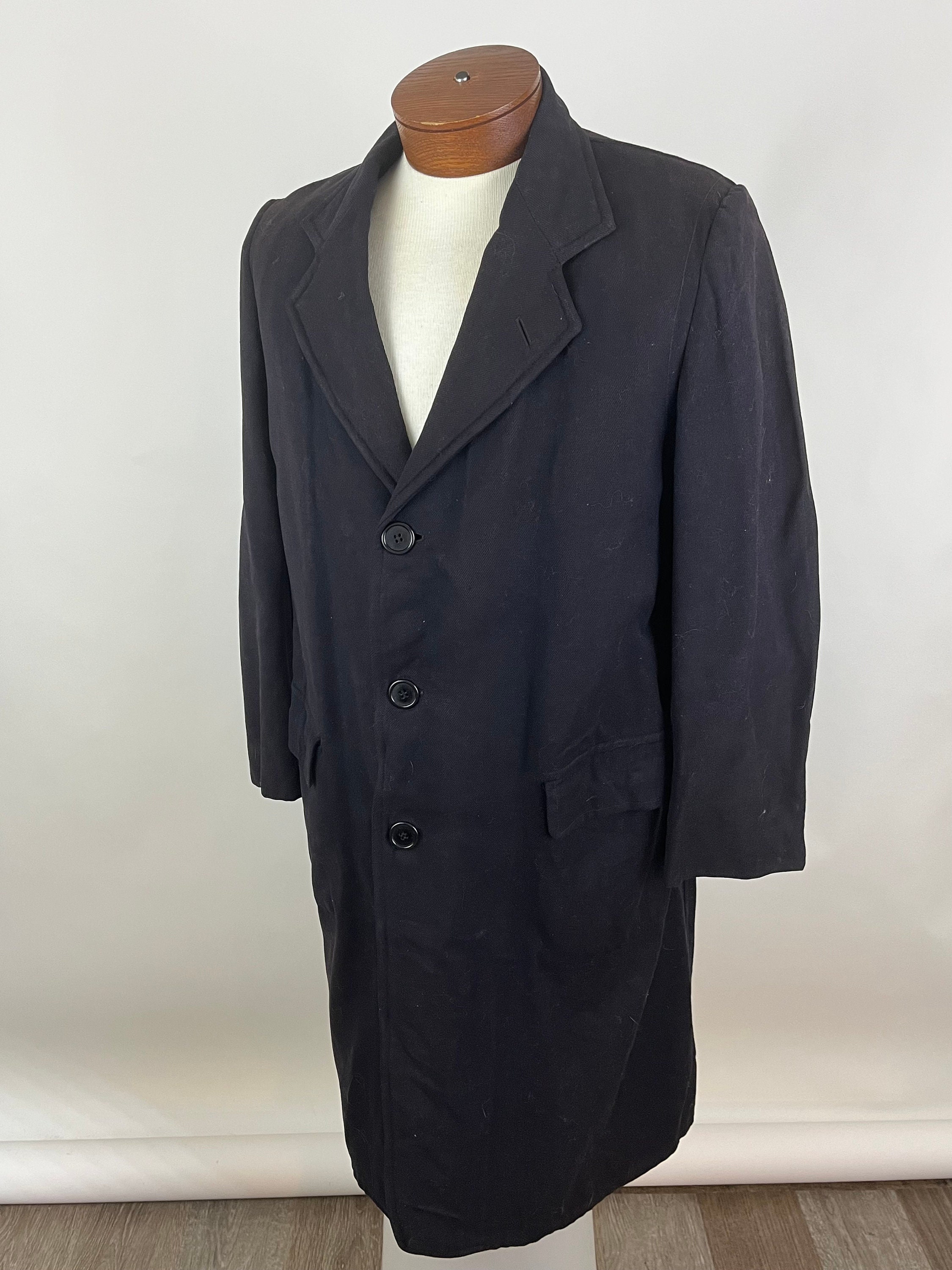 Black Coat Large 1930 s 3 Button Aged Gaberdine Wool Overcoat Belk Carolina Clothes Partially Lined