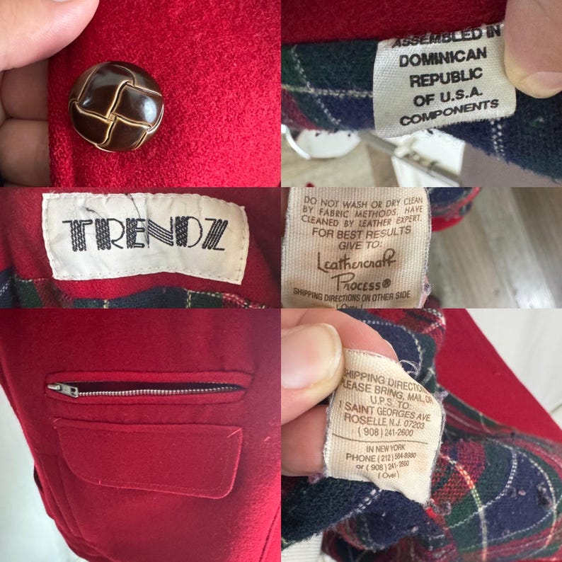 Op de afbeelding: Rode wollen jas met een bruine knoop en een zak met ritssluiting. De jas heeft een geruite voering en meerdere labels, waaronder een met "TRENDZ" en een andere met "ASSEMBLED IN DOMINICAN REPUBLIC OF U.S.A. COMPONENTS."