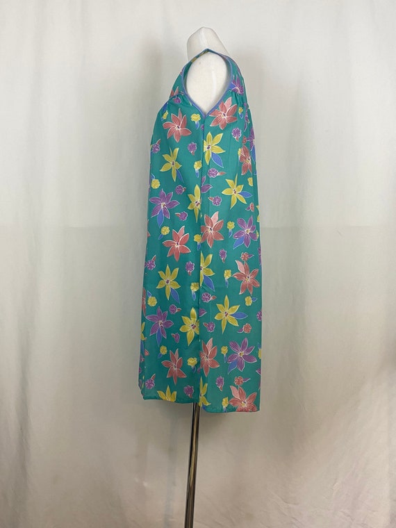 Teal Floral House Dress Small 80's Lounge Dress S… - image 3