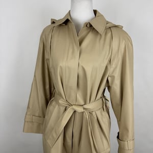 Khaki Trench Coat Medium London Fog Deadstock 80&#39;s Tan Rain Coat Womens Long Sleeve Overcoat Belt Detachable Hood