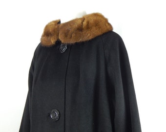 Black Coat Brown Muskrat Collar Small 60&#39;s Sixties Women&#39;s Large Buttons Coat Long Sleeve Faux Mink Collar Mod Classic Gloria Gay