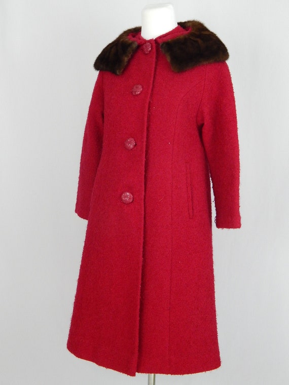 Red Wool Coat Mink Collar Medium M Jacket 3/4 Sle… - image 1