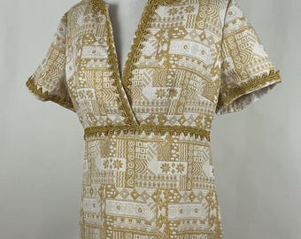 Gouden formele jurk medium jaren 60 metallic formele korte mouw glinsterende gouden geometrische bloemen bloemen v-hals bloemen wervelingen vloerlengte
