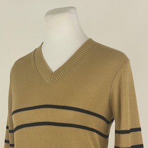 Beige Brown Stripe Sweater Small Diamond Weave Long Sleeve Tan V Neck Women&#39;s 70&#39;s Seventies Fitted Sweetree