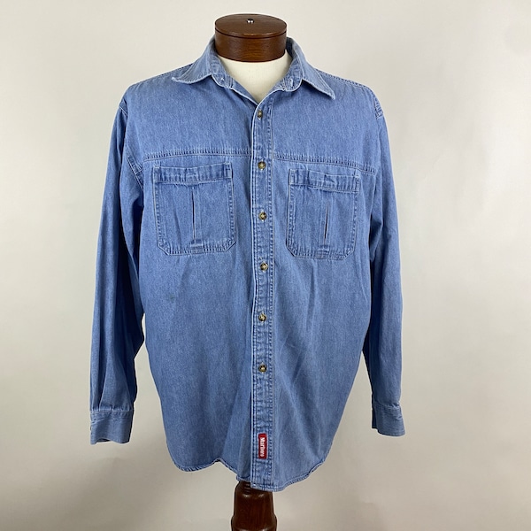 Marlboro Western Denim Shirt Buttons Large L Worn In Distressed Denim Blue Long Sleeve Light Wash 90's Cotton