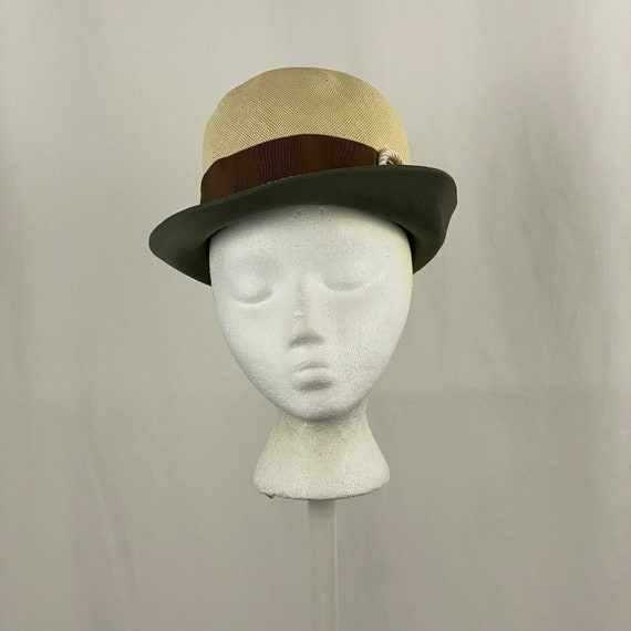 Straw Brown Gray Cloche Straw Hat Small Sixties G… - image 5