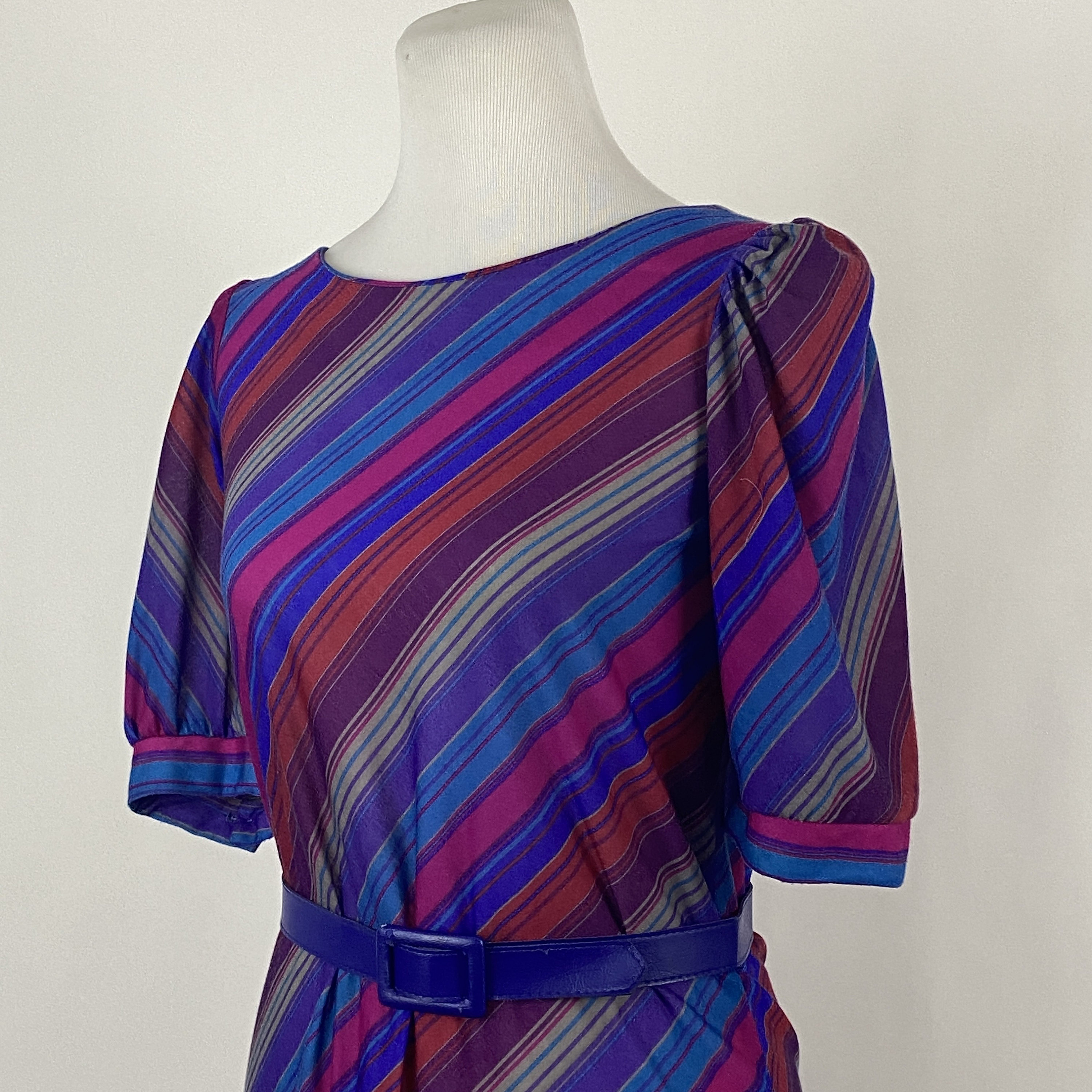 Purple Striped Dress Small Midi Blue Pink Orange Gray Polyester Belted 80's  Puffy Sleeve Diagonal Stripes Multicolor - Etsy