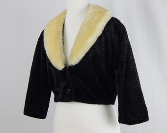 Black Fur Fifties Bolero Medium Cropped Jacket Faux Persian Lamb 50's 3/4 Sleeve Blonde Mouton Collar Fur Glass Buttons Soft V Neck