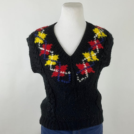 Black Argyle Knit Sweater Vest Large Women's 80s … - image 3