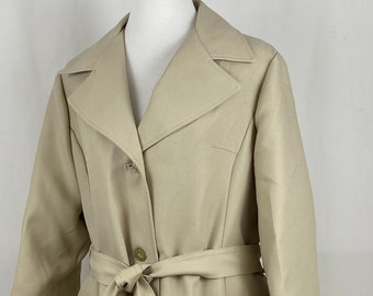 Khaki Trench Coat XL Seventies Polyester 70’s Belted Trench Button Down Pockets Extra Large