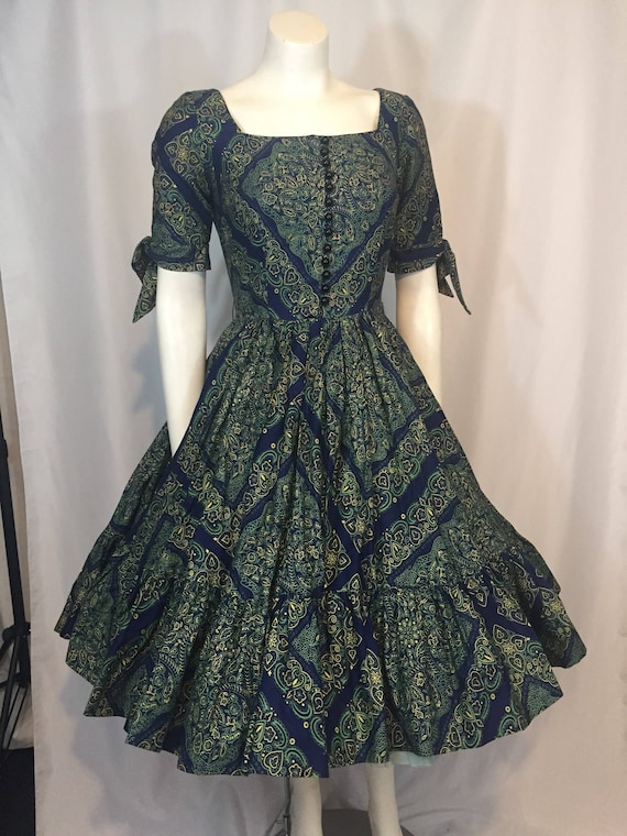 Blue Green Paisley Fifties Dress Small Rockabilly