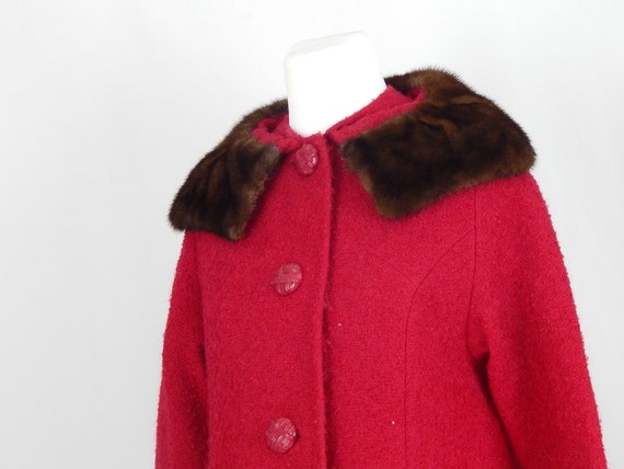 Red Wool Coat Mink Collar Medium M Jacket 3/4 Sle… - image 2