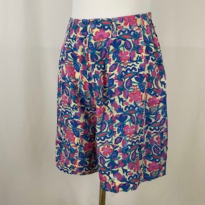 Blue 80&#39;s Bermuda Shorts Small Pink Paisley Floral High Rise Teal Cream Rayon Sigrid Olsen Elastic Waist Preppy