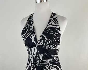 Black White Halter Formal Dress Small Marbled Swirl Graphic 90's Disco Dress Prom Formal Psychedelic Swirls