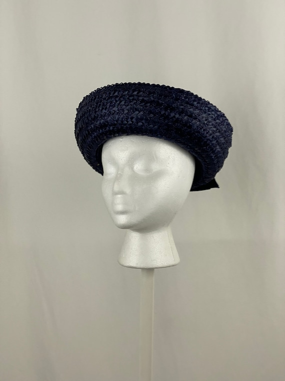Blue Straw Rattan Breton Halo Hat Fifties Small 5… - image 1
