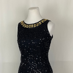 Black Eighties Beaded Dress Small Black Bead Gold Sequin Sleeveless Formal 80&#39;s Show Stopper Made in India Stenay Petite 2