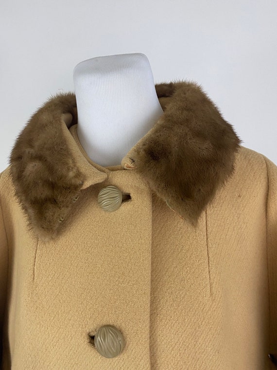 Tan Wool Coat XL Mink Collar 60's Women's Carved … - image 6