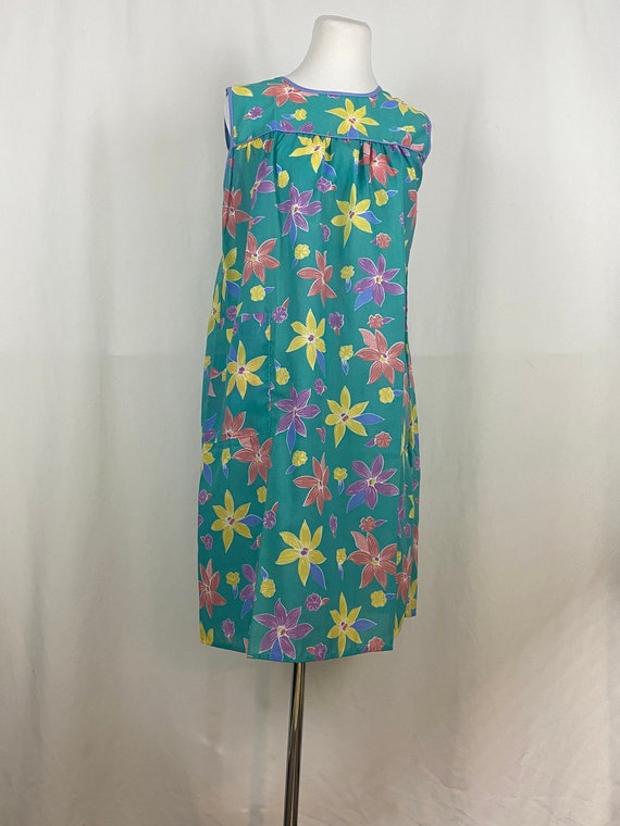 Teal Floral House Dress Small 80's Lounge Dress S… - image 2