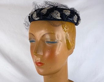 KAKYCO Black Satin Pillbox Veil | Feathers Fascinator Hat - Vtg Black Faux Feather Fascinator Hat With Veil | Retro Stage main image 3