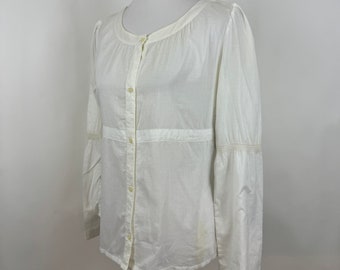 White  Boho Cotton Shirt Small 4 Empire Waist Long Sleeve Blouse 90's Button Front Minimalist Boat Neck Real Clothes Saks 5th Ave