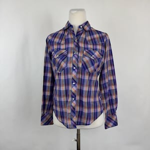 Purple Pink Plaid Shirt Small 70&#39;s Blouse Snap Front Country Western Cowboy Yellow White Navy Blue  Long Sleeve Wing Collar Present Tense