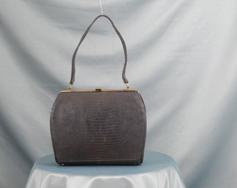 Borsa anni '40 in pelle di lucertola nera con manico superiore, borsetta, hardware dorato, interno in pelle Sterling