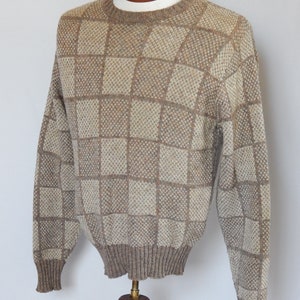 Beige 80s Crewneck Sweater Medium Squares Novelty Gray Brown Peach Heather Knights Bridge Made in Scotland