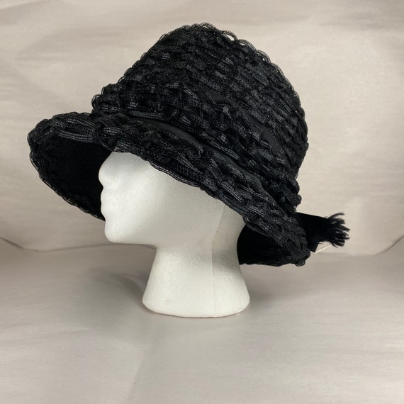 Black 60's Cloche Small Cellophane Bucket Hat Bow… - image 3