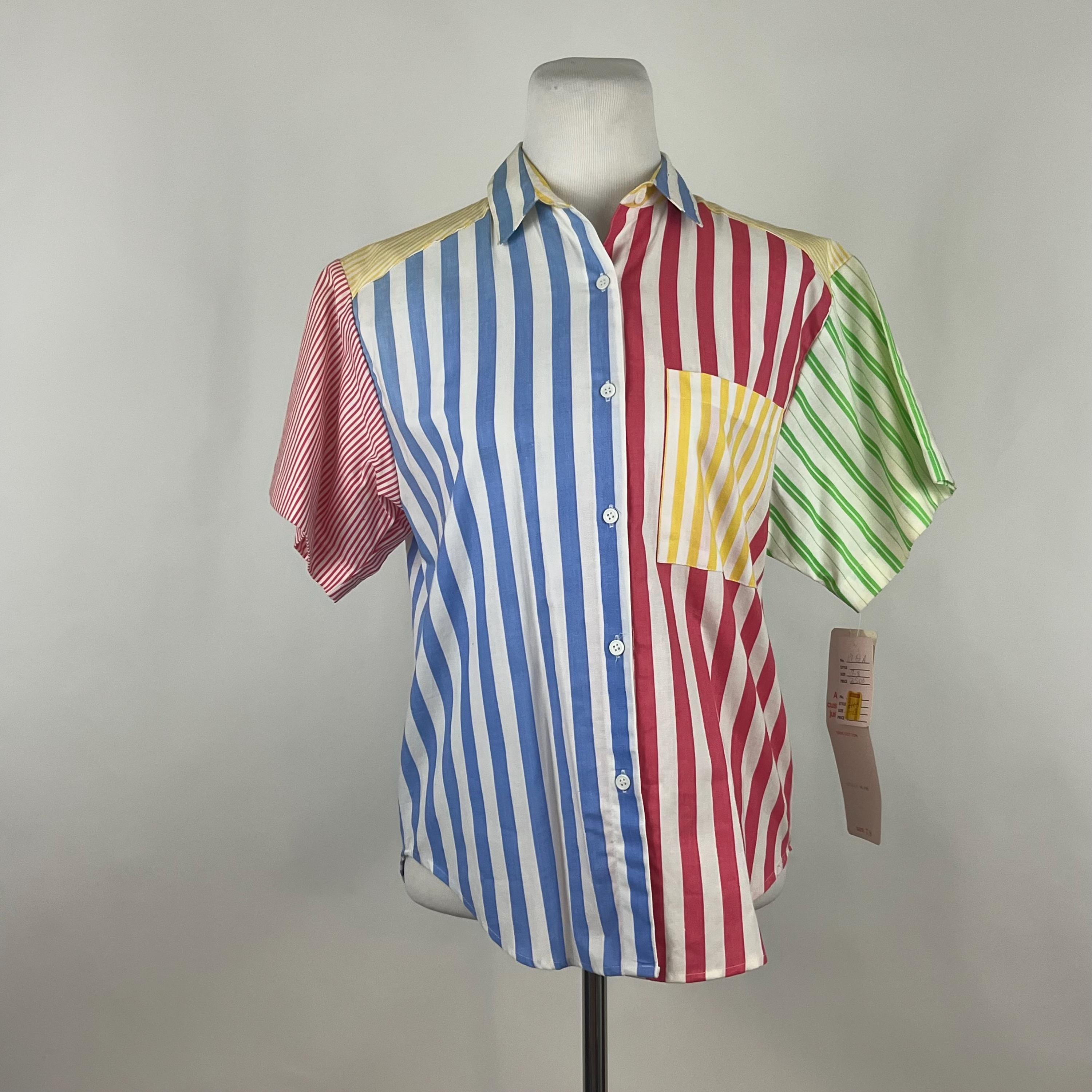 Multi Color Stripe Shirt Small 80's Short Sleeve White Blue