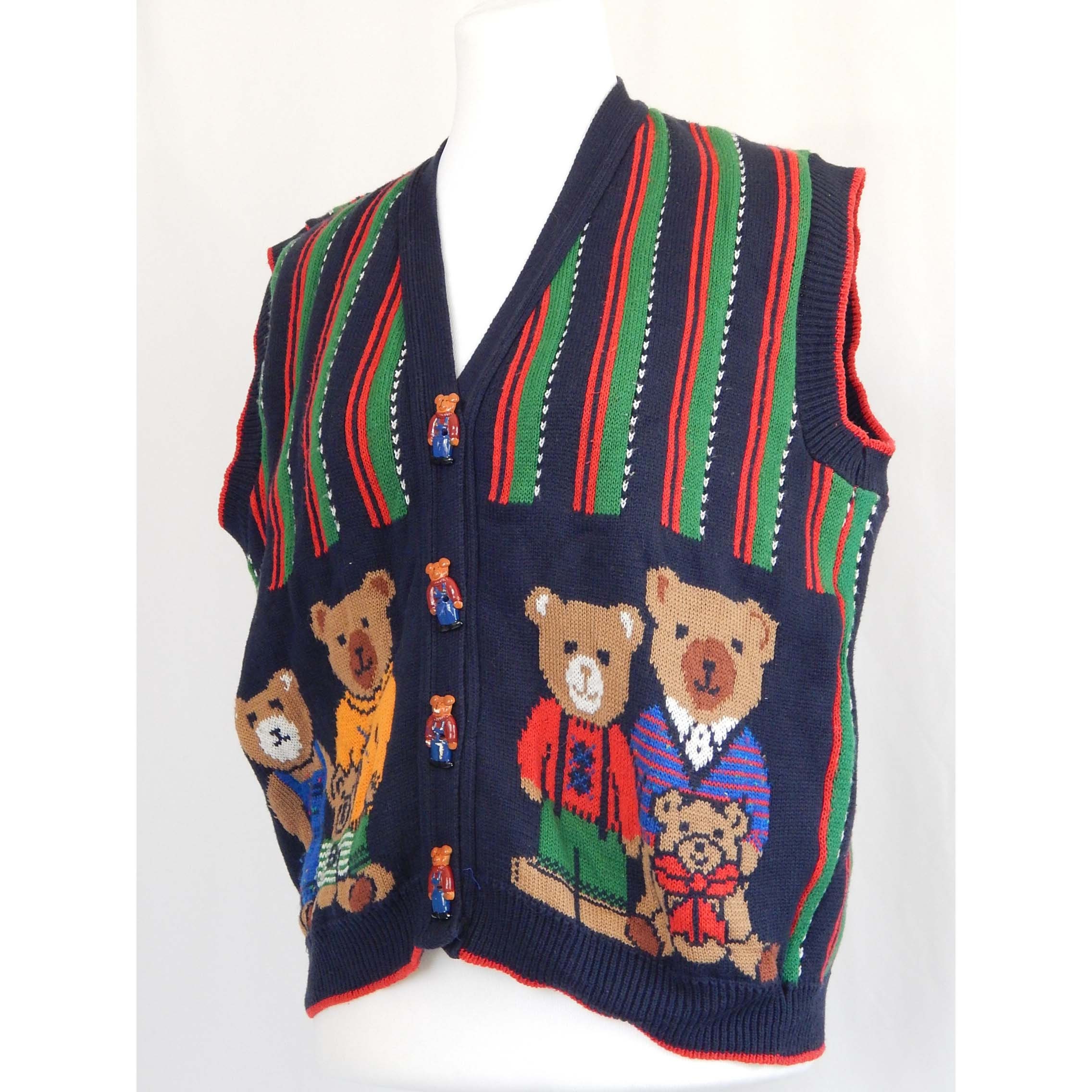 Hand Knit, Sweaters, Vintagehand Knit Sweater Vest Teddy Bear Hat Scarf  Red Green Xl