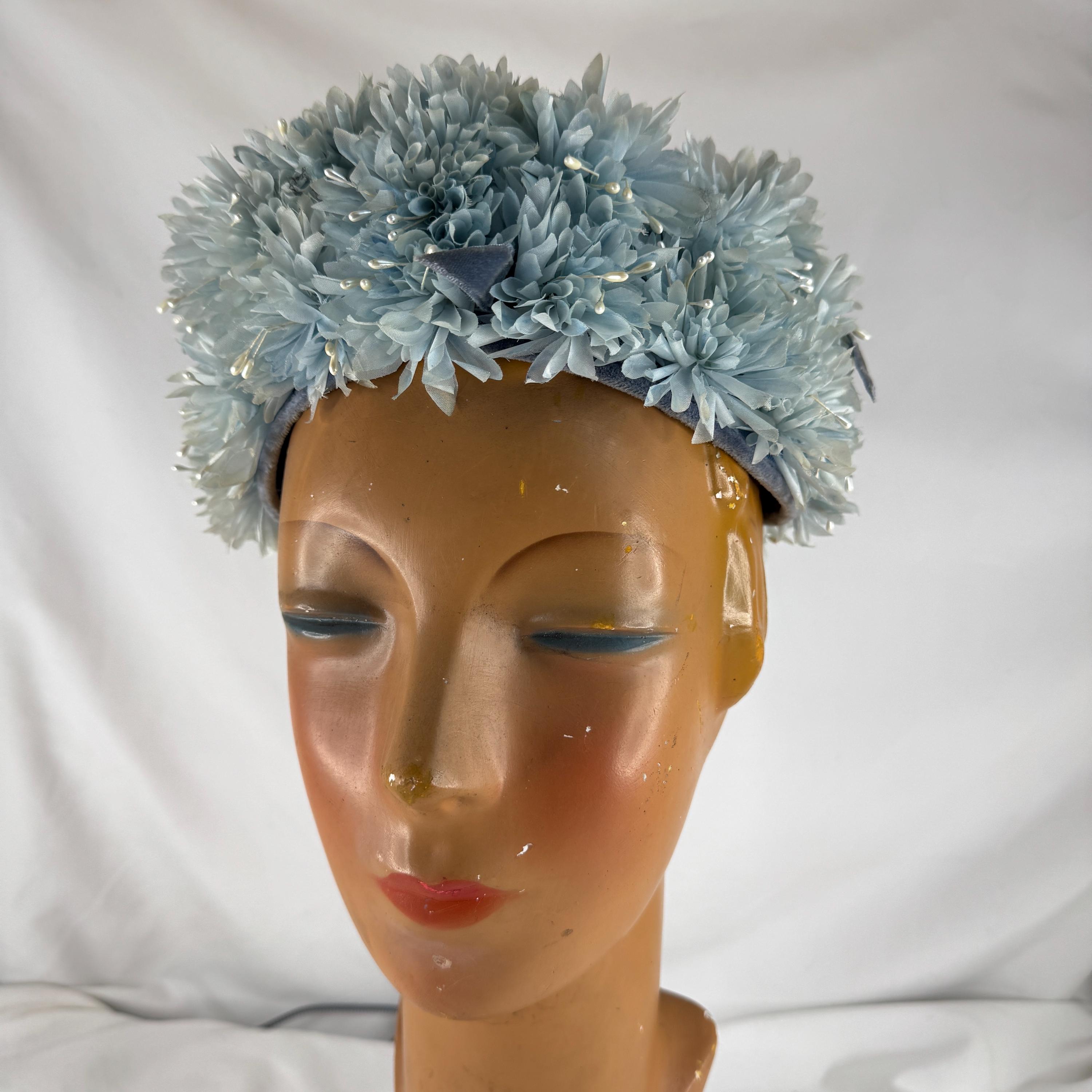 Vintage 1960s Blue Floral Pillbox Hat Velvet Bow Textured Petal Design Pillbox Blue Velvet - Etsy main image 2