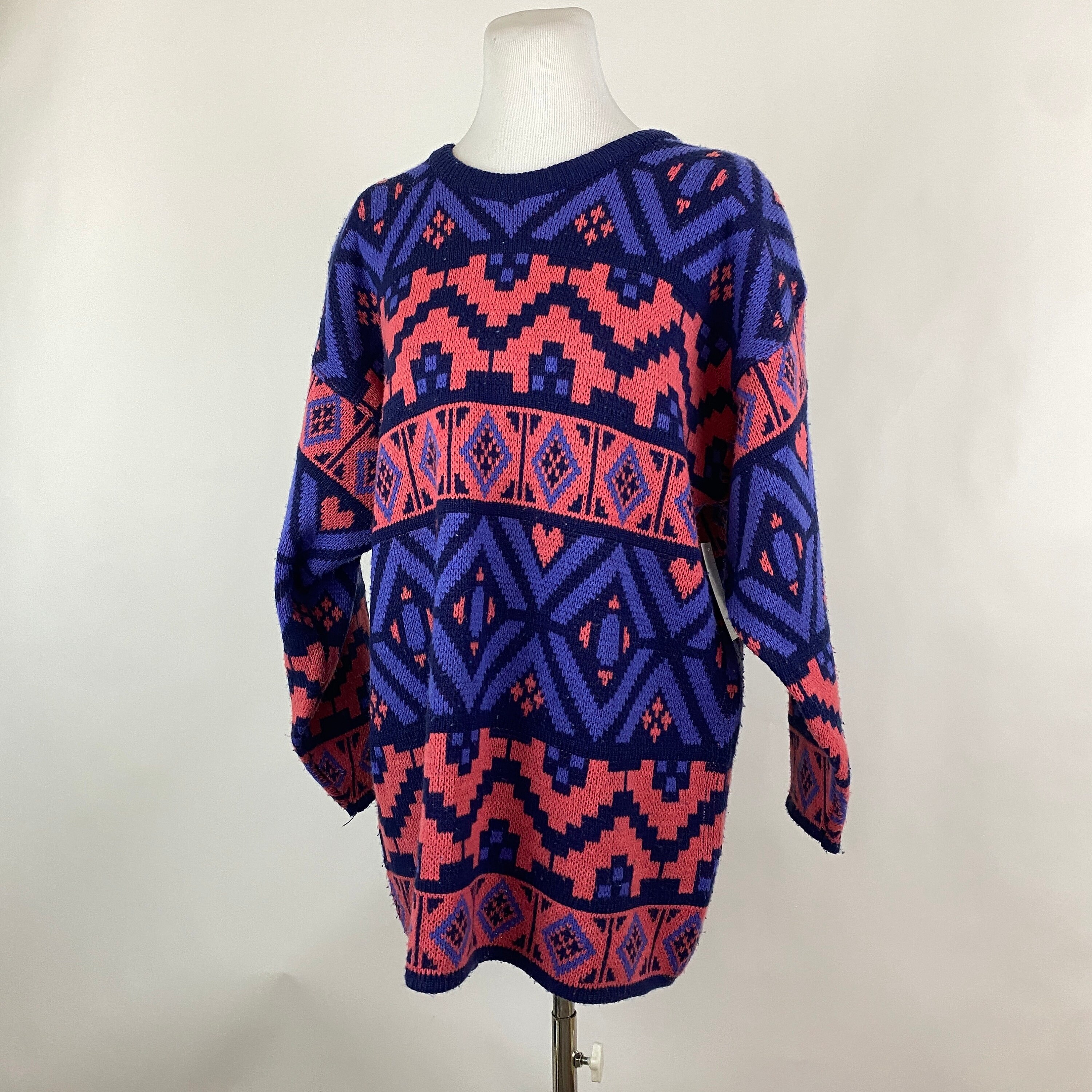 Purple Pink Graphic Sweater Large Women s 80 s Geometric Michael Carrie Navy Blue Periwinkle Purple Oversize Knit Pullover Etsy