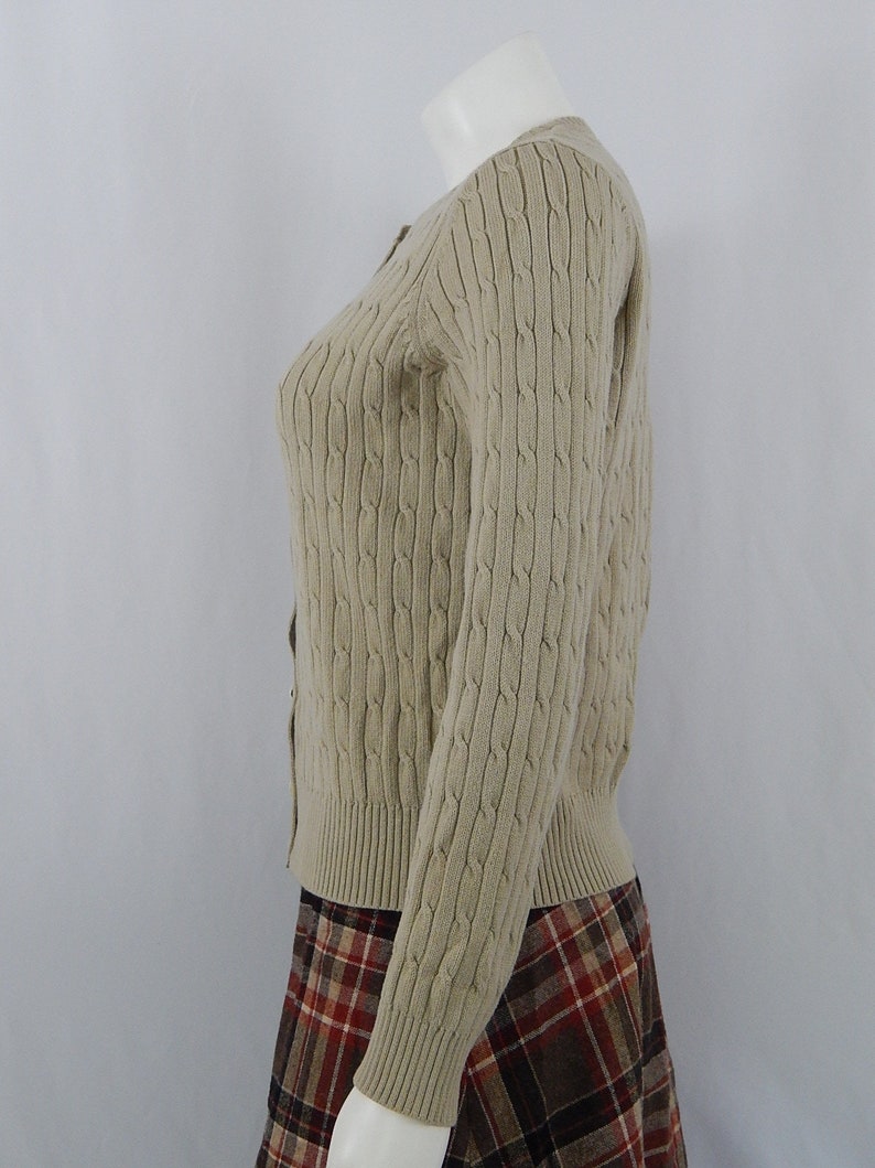 Tan Cotton Cardigan Sweater Small S Eddie Bauer 90s Nineties 1990s Cotton Stretch Preppy Classic Back to School Made in Hong Kong Vintage