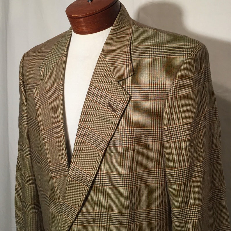 Vintage Aquascutum Glen Plaid Sport Coat Blazer 46 L Long Large Tan Grey Rust Orange Norman Stockton Made in USA