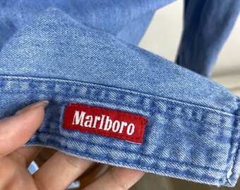 Marlboro Western Denim Shirt Buttons Large L Worn in Distressed