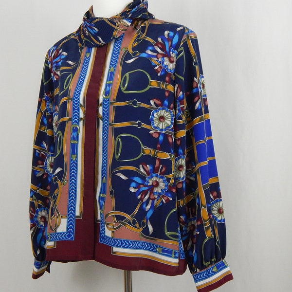 Blue Red Equestrian Blouse Large Career Patterned Long Sleeve Woman's 90's Nineties Pink Brown Green and White Jordan 10