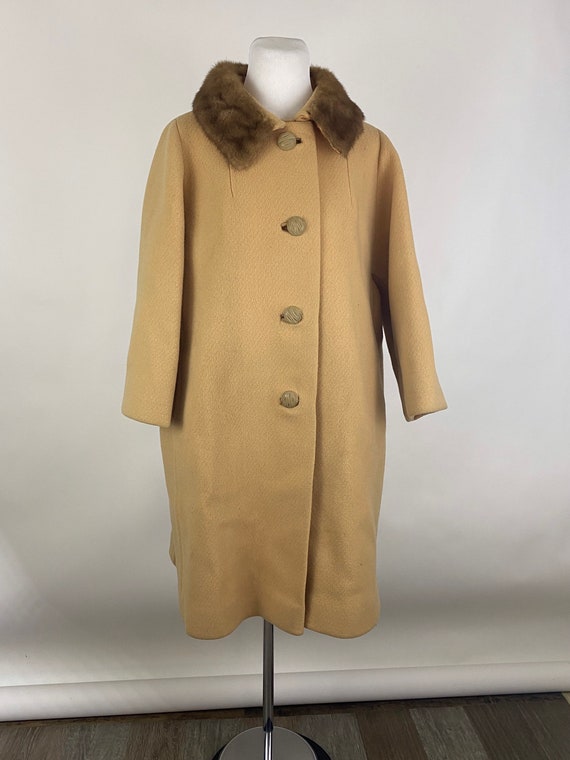Tan Wool Coat XL Mink Collar 60's Women's Carved … - image 2