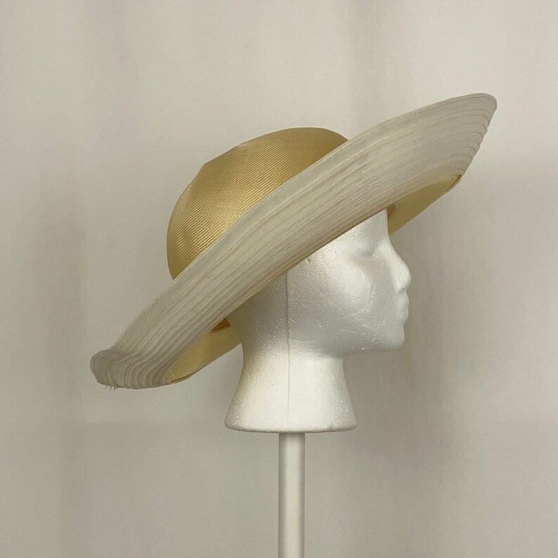 Beige Straw Platter Hat Oscar de la Renta Millinery Medium Cartwheel Hat Nylon Trim 80's Eighties Summer Wedding Garden Party Derby Hat image 7