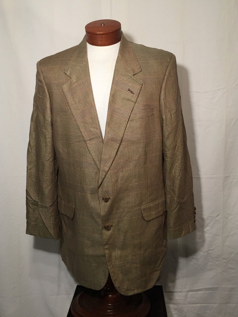 Vintage Aquascutum Glen Plaid Sport Coat Blazer 46 L Long Large Tan Grey Rust Orange Norman Stockton Made in USA